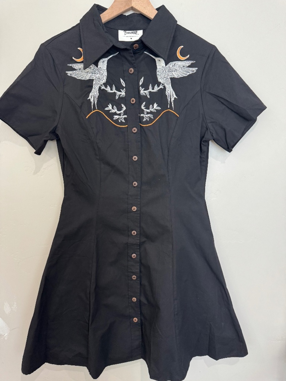 Boozelele Retro Bird & Moon Dress Size M Western Goth Embroidered Hummingbird